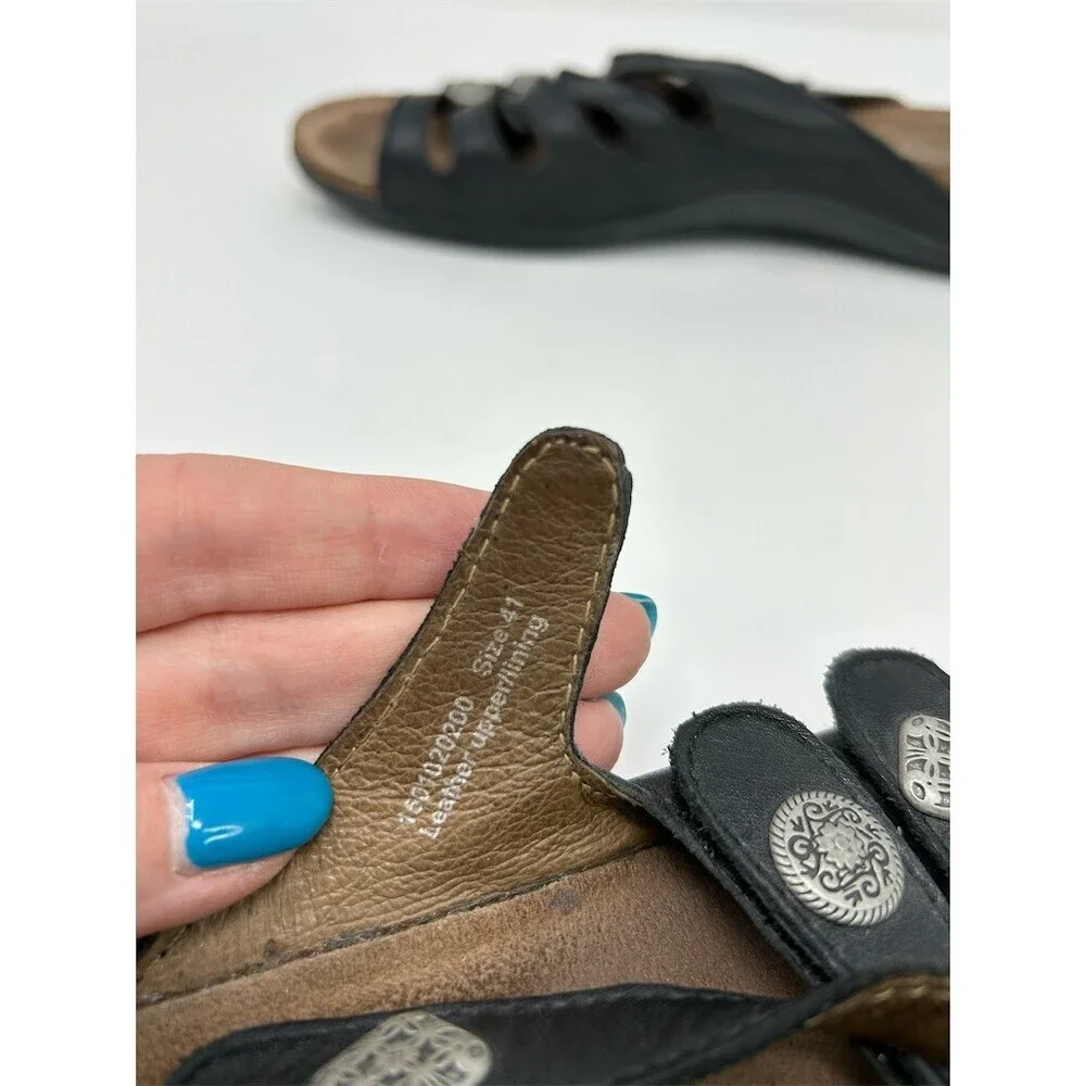 Dansko Black Leather Strappy Silver Medallions Slide Sandals Comfort Cork 41